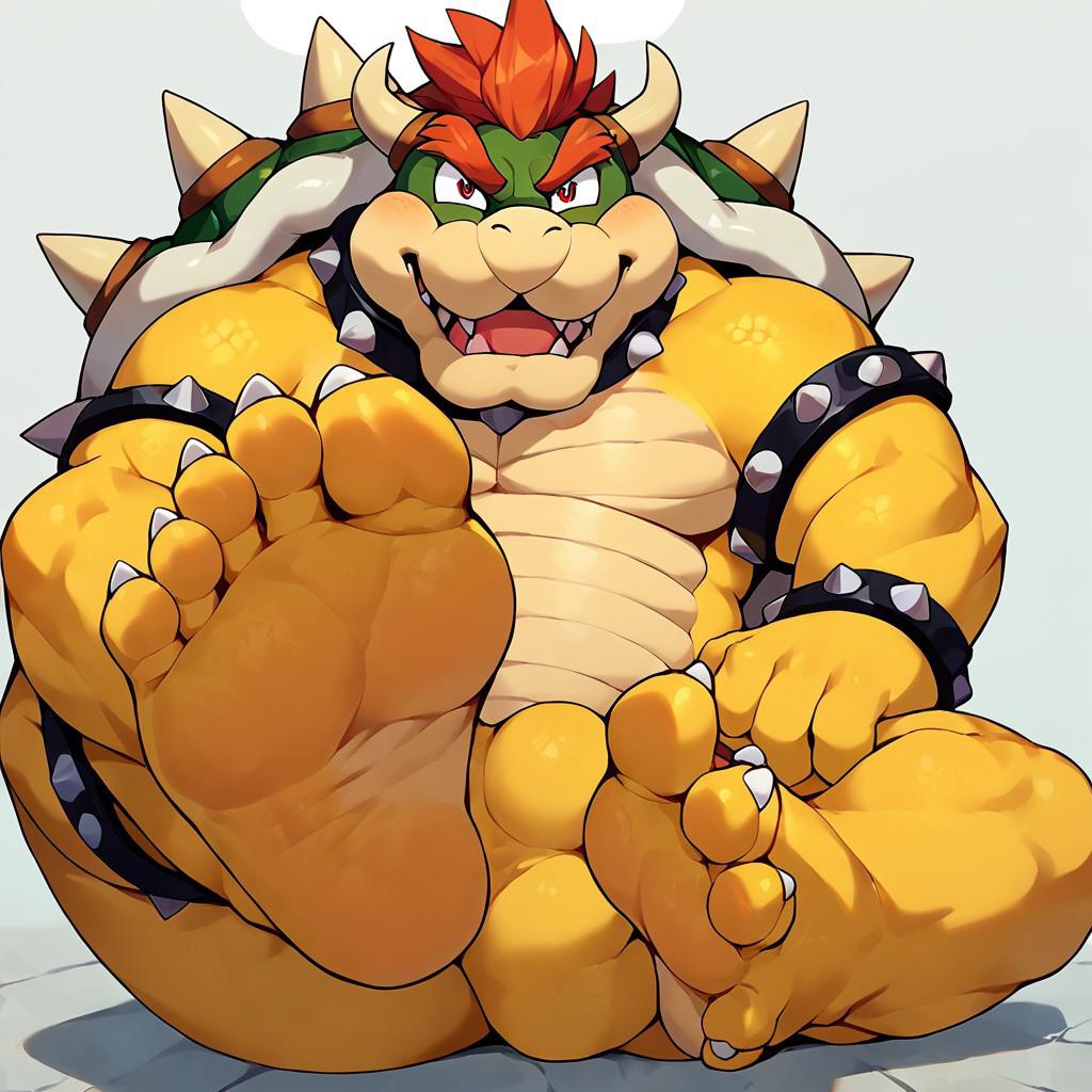 score_9, score_8_up, score_7_up,((eyes in highlight)),((huge eyes)),Bowser,1boy,male,5 toes,leg up,((foot focus)),(((wide meaty yellow foot))),((show the meaty bright yellow sole)),smile,looking at viewer,yellow body,Bowser,leg up