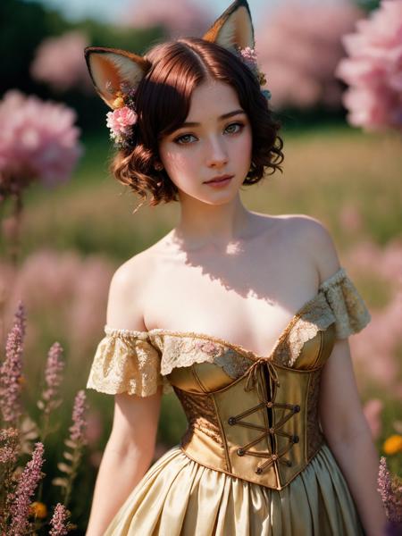 steampunk, (young_woman_fox ears), short hair, stockings, detailed silk clothes with armor, flower field, best quality, masterpiece, Photorealistic, Hyperrealistic, Hyperdetailed, analog style, soft lighting, subsurface scattering, realistic, heavy shadow, masterpiece, best quality, ultra realistic, 8k, golden ratio, Intricate, High Detail, film photography, soft focus, RAW candid cinema, 16mm, color graded portra 400 film, remarkable color, ultra realistic,