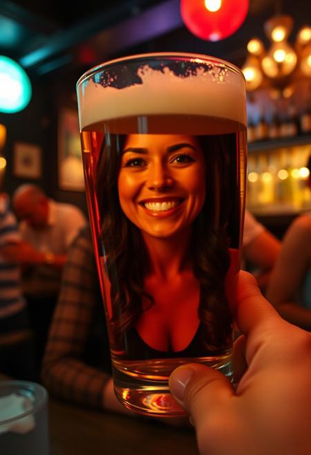 pov, in a new york bar, late saturday, we see a plum woman smiling at us, her image is also visible as a reflection inside the beer glass we're holding, the reflection is altered making the woman look slim and fit. This is a poster warning of the effects of alcohol distorting reality.