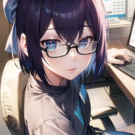 2d, masterpiece, best quality, anime, highly detailed face, highly detailed eyes, highly detailed background, perfect lighting, full body, 1girl, solo, a-chan, office, office chair, computer, monitor, black shirt, logo, id card, jeans <lora:a-chan-09:1>