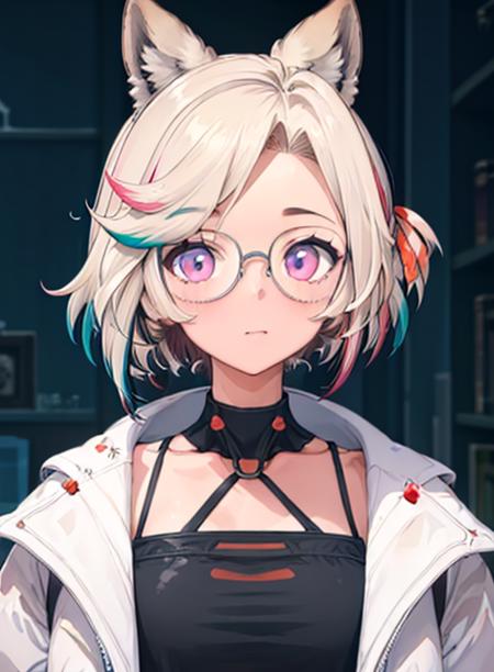 best quality, (masterpiece),(ultra-detailed), (high quality), (high resolution), <lora:funabyvt:0.7>, funabyvt, animal ears, short hair, glasses, multicolored hair, purple eyes,