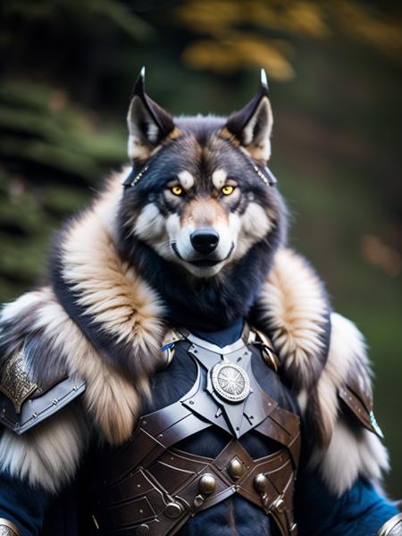 fking_scifi, award-winning portrait photo of werewolf, werecreature, wolf, mage, wizard, viking, fur armour, leather armour, bare chested, white furry chest, 80mm, f/1.8, bokeh, depth of field, close up, sacred clothing, royalty, stern, directed gaze