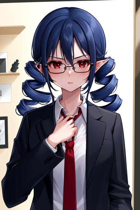 (((1girl))),masterpiece,absurdres,<lora:DizzyDokurov1-000003:0.8>,DizzyDok,blue hair,drill hair,red eyes,pointy ears,glasses,suit,necktie,upper body,tinted eyewear,black <lora:Saya-adjusting necktie:1>,drill hair,serious,