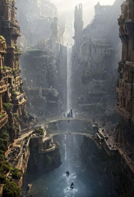 POV view , DOF,
(Ancient civilization, Alien Prometheus movie scene, dune movie scene:1.5), (The colonial city of the future, in the mist-filled Grand Canyon, on an unknown Earth-like planet, 2 moon on sky, Spaceship flight connects colonies, waterfulls:1.3), (Machu Picchu, a mountain settlement, incredibly spectacular:1.2), (Mario Botta:1.3), (avant-garde, future, reality, science fiction, photorealistic), (modern architecture:1.2), White limestone with black granite, fountain, waterfall, landmark, square, path, narrow street,
(Large Files, Ultra Realistic, 8K, 16k, FHD, HD, VFX, Perfect, Photography, composition, Architecture Sales Photography, Architecture Competition, Ultra High Resolution, Cinematography, High Resolution Image:1.1), (dramatic lighting, direct sunlight, ray tracing, clear shadow:1.2),  (real landscape:1.1), (blurred background:1.0), (urban background, more_details) ,
great lighting, clear, hillscastel, <stardeaf-cold-arc>, xtower, industrialbuilding
