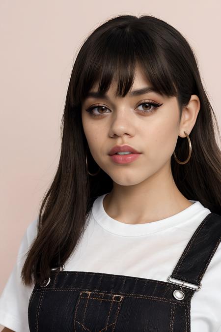 jenna orterga, jenna_ortega_v4 wearing overalls with t-shirt, eyeliner, skinny, brown lips, bangs, 
black overalls, pink t-shirt, 
head shot, close up, upper body, simple solid background, mid-twenty, age:21, 21 year old, portrait, 
<lora:Jenna_Ortega_V2:0.7>,