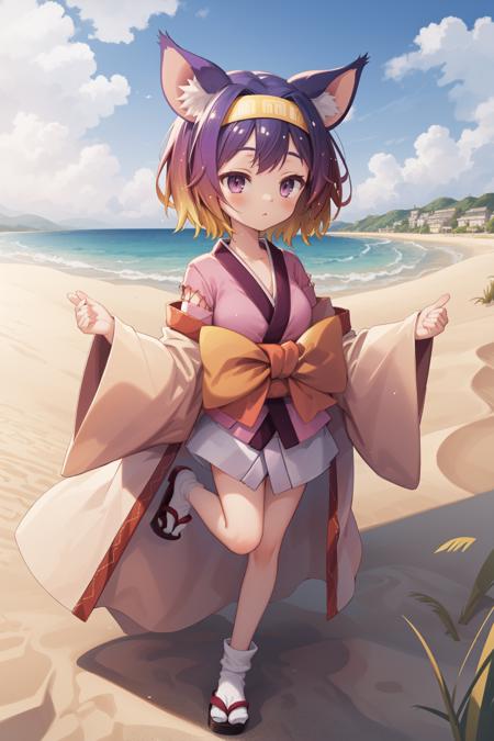 <lora:izuna v2:1> hatsuse izuna, short hair, wide sleeves, sarashi, yellow hairband, tabi, short kimono, gradient hair, fox tail, 1girl legs up, beach, dunes, sea grass, evening, sunny, peaceful, picturesque