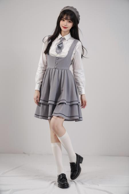 best quality, quality, masterpiece, photorealistic, 1girl, solo, standing, long black hair, straight hair, blunt bangs, looking at viewer, smile, full body, cyb dress, cyb shirt, cyb skirt, necktie, suspender skirt, suspenders, hat, kneehighs, shoes, simple background, <lora:dating_attire_style4_v1:0.65>