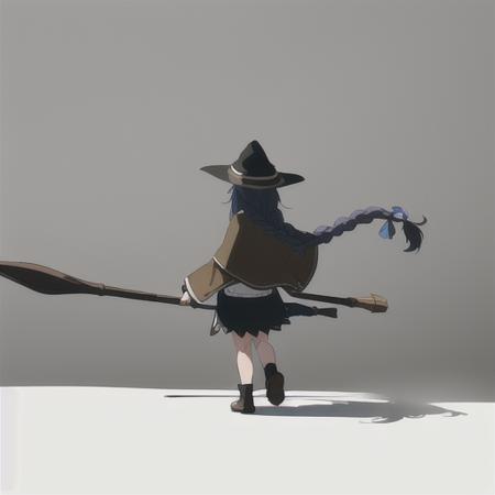 simple background, grey background, solo, <lora:roxyMigurdiaLora_offset:0.8>, roxy migurdia, 1girl, bangs, black headwear, blue hair, braid, single braid, brown cape, floating hair, hat, long hair, witch hat, back view, walking