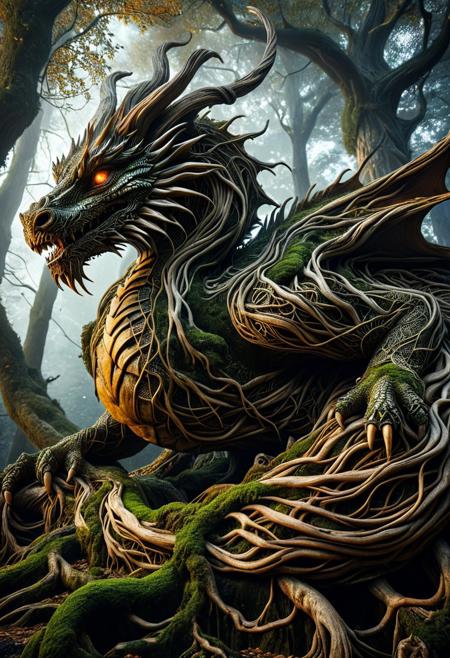 A colossal dragon made entirely of twisted roots and vines, moss-covered scales, glowing amber eyes, perched atop an ancient tree, surrounded by a misty enchanted forest, cinematic lighting, ultra realistic, intricate wood texture, fantasy art, 8k, hyper detailed, PG-TR
