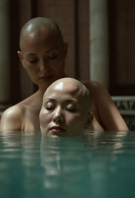 Analog nude portrait photo, 2girls, nude, (1girl beautiful elegant chubby 45 year-old Asian woman), (shiny scalp)(bald head:2), sensuously stroking the (bald head:2) of (1girl, beautiful petite pale freckled 25 year-old redhead European woman)(eyes closed:1.4), with hands in pool of ornate huge Moorish Bath, columns, skylights, shot from below, dark chiaroscuro lighting, rich dark cool reds and pale muted colors in background, 35mm, realistic, Cinematic Hollywood Film style, high detail, detailed eyes, detailed skin texture, (blush:0.2), (goosebumps:0.3), subsurface scattering, highly detailed skin, skin imperfections, mole, dirty skin, sweat, scar, atmospheric, dramatic, emotional, erotic, sensual, sexy, aroused, rich dark colors, deep shadows, masterpiece, harmonious, vignette, 4k epic detailed, shot on kodak, 35mm photo, sharp focus, high budget, cinemascope, moody, epic, gorgeous, film grain, asz, portrait photo, Art style by Ingres