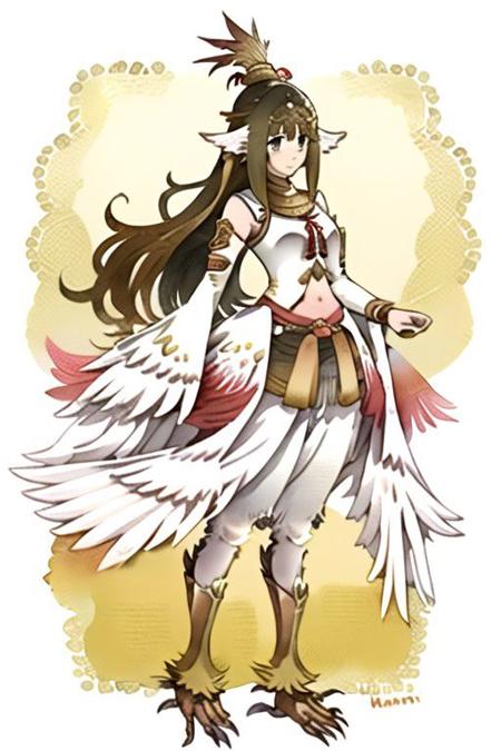 1girl, kinnari, watercolor, white and red feathers, full body, split feathers, yellow feathers, white feathers, anime