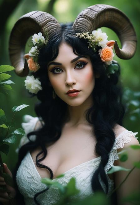 close up, beautiful fantasy female satyr, (chubby:1.3), with ram's horns, large breasts, fat breasts, human ears, she has black hair, she has vines and flowers that coil around her arms, she is playful and mischievous, high contrast, isolated on black, and green foliage, dramatic light, dark and mysterious atmosphere, highly detailed, realistic proportions, shot with Nikon AF-S CX NIKKOR, 35mm f/1.8G Lens, in the style of Bella Kotak