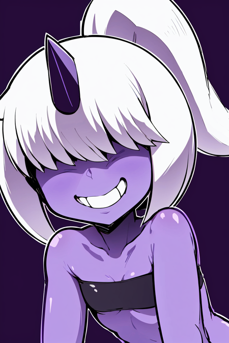 masterpiece, best quality, ebiblue, gesugao, 1girl, dazzy, white hair, ponytail, hair over eyes, single horn, (purple skin:1.3), grin, smile, solo, (black background, simple background:1.3), white outline, spot colors, shaded face <lora:Dazzi:1> <lora:Ebiblue:1>