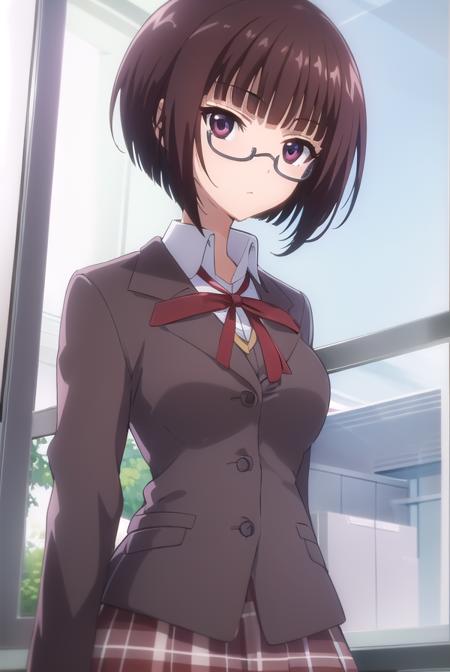 lunaminase, <lora:luna minase s2-lora-nochekaiser:1>,
luna minase, short hair, brown hair, (brown eyes:1.5), glasses, bob cut, under-rim eyewear,
BREAK skirt, school uniform, plaid, plaid skirt, shirt, white shirt, collared shirt, jacket, long sleeves, black jacket,
BREAK indoors, classroom,
BREAK looking at viewer, (cowboy shot:1.5),
BREAK <lyco:GoodHands-beta2:1>, (masterpiece:1.2), best quality, high resolution, unity 8k wallpaper, (illustration:0.8), (beautiful detailed eyes:1.6), extremely detailed face, perfect lighting, extremely detailed CG, (perfect hands, perfect anatomy),