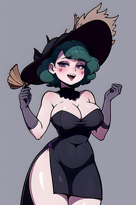 <lora:Eclipsa:0.8> eclipsabutt, 1girl, solo, breasts, looking at viewer, blush, smile, short hair, open mouth, bangs, large breasts, simple background, gloves, hat, dress, cleavage, bare shoulders, purple eyes, thighs, cowboy shot, green hair, grey background, black dress, hands up, strapless, covered navel, witch hat, detached collar, thick thighs, short dress, half-closed eyes, strapless dress, broom, wide hips, witch, grey gloves, purple eyeshadow