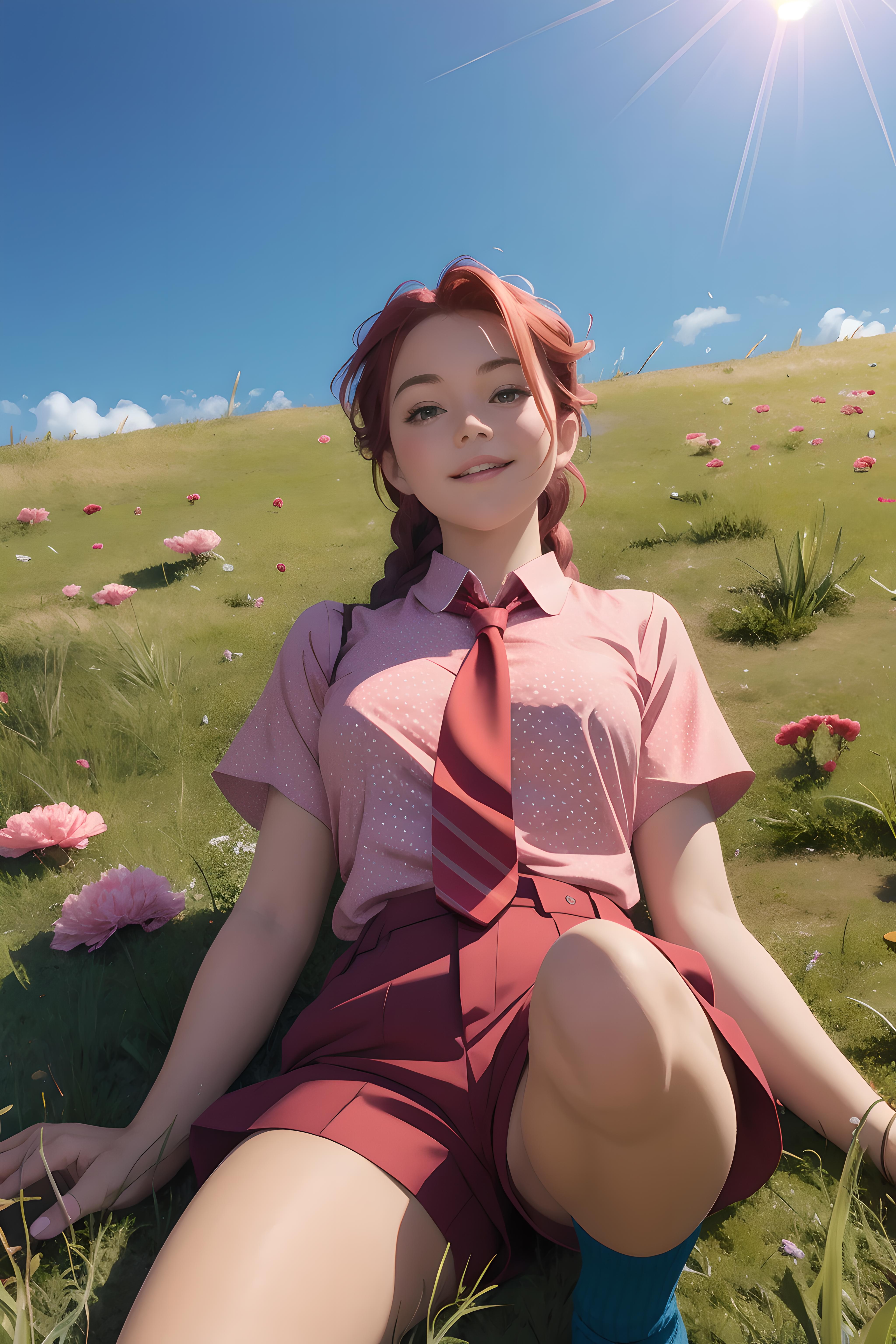 A cartoon girl wearing a tie and shorts sitting in the grass.