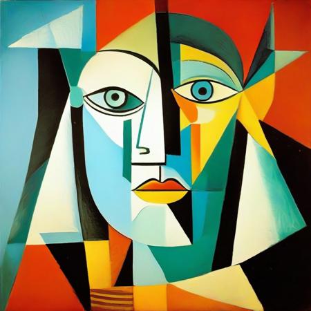 masterpiece, best quality, illustration, style of Pablo Picasso, cubist, complementary colors, abstract landscape,