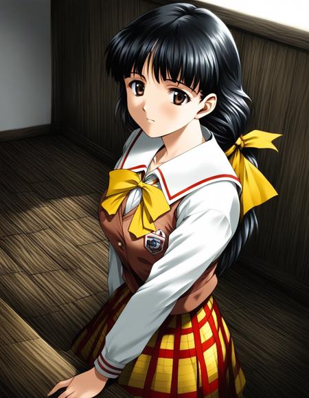 SakakiMiyuki, black hair, long hair, brown eyes, breasts, black eyes, hair ribbon, Yellow bow,