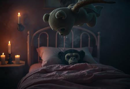 close-up other the shoulder of a deamon like teddy, flying ghostlike over a pink childs bed, in the bed is a scarred young ape face hiding under a pillow. soft fog raines like drops in slow-motion, glowing from the candles sorounding the bed. filling the dark room in dramatic lighting and dark shadows whispering horror and dark comedy.
Shot with a full-frame DSLR, 85mm lens at f/1.8 for shallow depth of field, ISO 400, 1/100 shutter speed. Natural light enhanced with slight post-processing contrast boost and warm tone grading. balancing organic beauty with macabre fantasy, creating a feeling as unsettling as compelling.