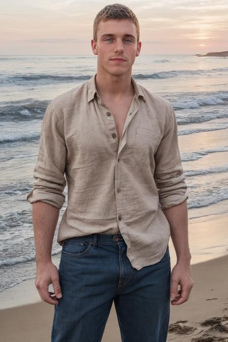 photo of sc_joshua  <lora:sc_joshua_2-05:0.75> posing on a scenic beach during sunset with a bonfire, wearing a casual loose-fitting linen shirt, warm mood, engaging, candid, friendly, style of Rick Day