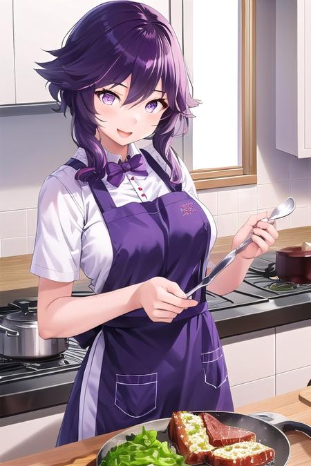 <lora:risa-000034:1>, best quality, masterpiece,1girl, risa majime, short hair, purple hair, purple eyes, sidelocks, long sidelocks, ponytail, long ponytail, apron, kitchen, cooking, happy, mature female, tall