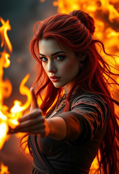 UHD 32k Epic Fantasy movie still, photograph, half-body portrait of fiery supermodel waiving fire wand, red hair, fire aura, correct digits, firestorm background, dynamic high action pose, sharp focus, studio photo, intricate details, highly detailed, sf, intricate artwork masterpiece, ominous, matte painting movie poster, golden ratio, trending on cgsociety, intricate, epic, trending on artstation, highly detailed, vibrant, production cinematic character render, ultra high quality model, close up portrait, film, studio lighting, detailed skin, ultra realistic, bokeh, sharp features