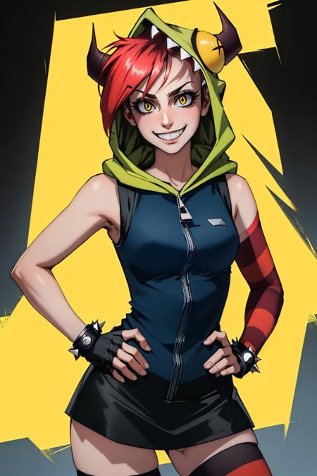 demencia yellow eyes striped vest sleeveless hood horns thighhighs fingerless gloves jewelry bracelet spikes