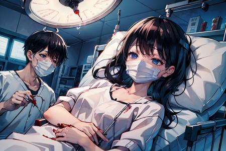 lying,on back,surgery,doctor,surgical light,scalpel,operating table,operating room,blanket,(((bloody, blood,blood on clothes))),mask pull,(((surgical mask, hospital gown))),from side,