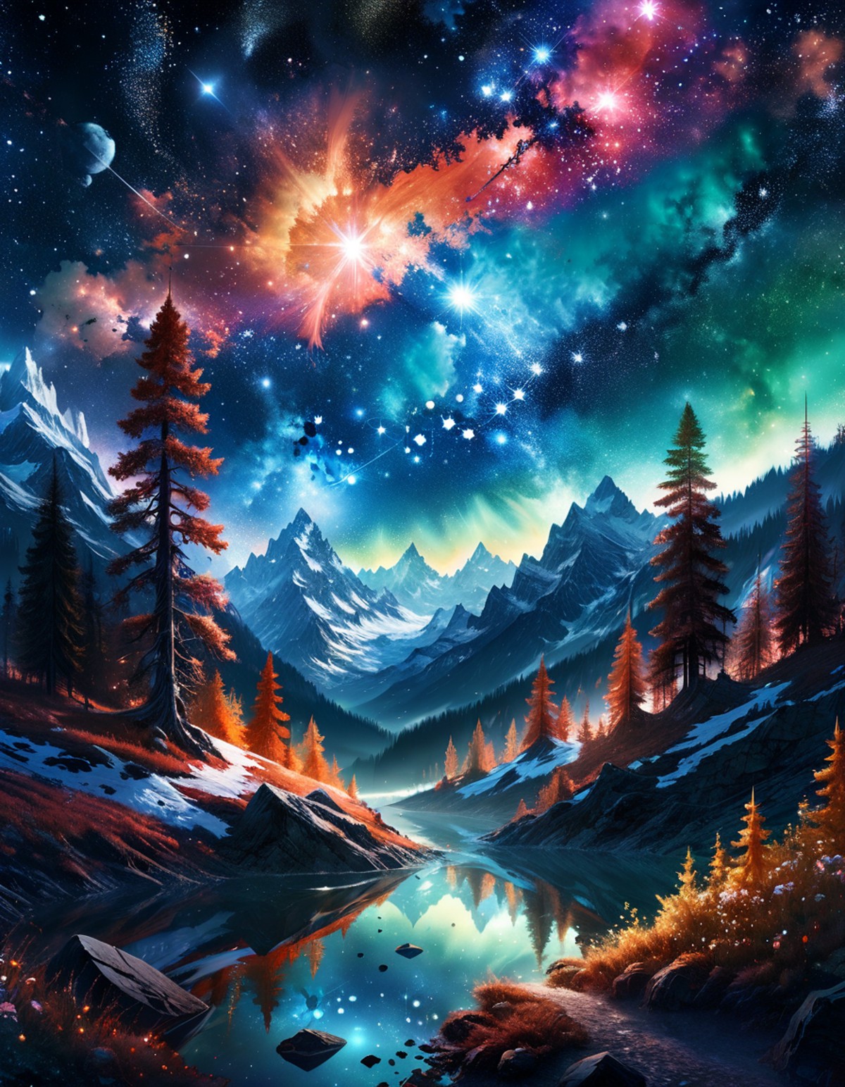 fantasy art by Chase Stone, sci-fi art, landscape of a Detailed Stimulating Austria from inside of a Taiga, Stars in the s...