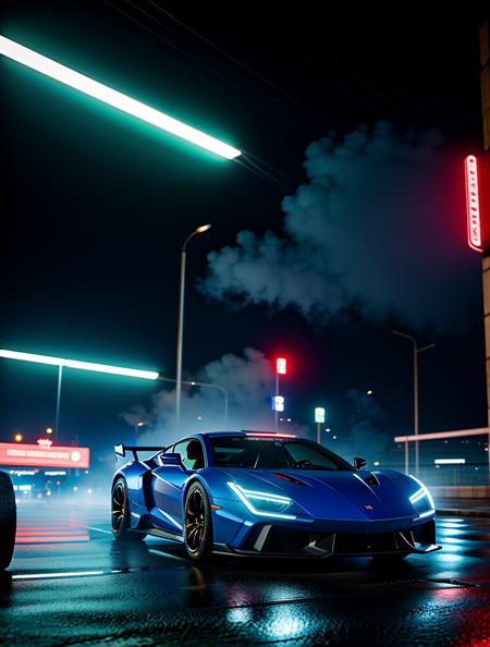 cyberpunk 2077 supercar, blue, in cyberpunk 2077 city photoshoot, running at high speed, glowing lights, speed sensation, well framed at middle range, neon colored luxury rims, slammed, extreme detail, illegal race car, extreme photorealistic, 3D, 8k, Hyper detailed car, perfect soft lighting, great lighting, car photography, fisheye lens, raining, reflection, octane render, high quality, fog, smoke