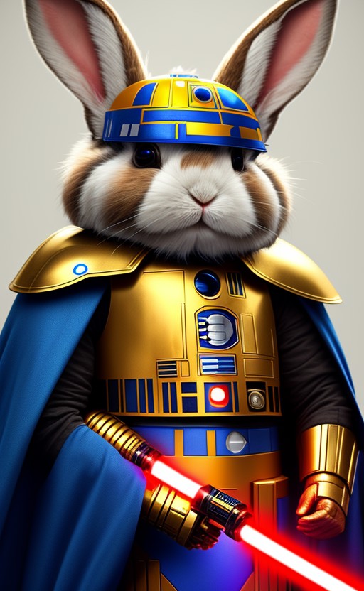 Star Wars scene artificial intelligence a tricolor rabbit wearing golden Jedi knight cape holding a blue lightsabe in it's...