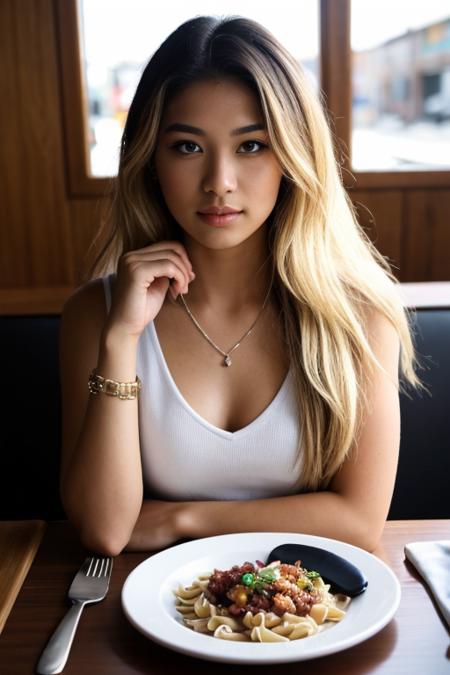 30 yo (attractive:0.4) (dark-skinned:1.3) (Macedonian) (american-asian:0.4) (sorority:1) woman sitting at restaurant, (long blonde hair:1.3), petite, (cleavage:0.8), necklace,
epic realistic, natural skin texture, hyperrealism, sharp, (eyeliner:1.4), colorful, dark and warm tones, well dressed, vneck, floral dress
 <lora:CONCEPT_pov_dating_ownwaifu:0.6> concept_pov_dating_ownwaifu, looking at viewer, table, pasta on plate, pov across table, depth of field
