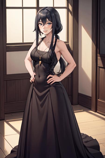 masterpiece, best quality, absurdres, perfect anatomy, 1girl, solo, RyobaAishi, elegant, long dress, black dress, halterneck, smile, indoors, palace, jewelry, standing, hands on hips, <lora:CHAR-RyobaAishi:0.8>