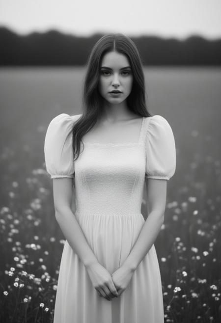 A grayscale, vintage-style portrait of a woman.  The subject, positioned slightly to the left of center, is a young adult woman with a fair complexion.  Her expression is indistinct and melancholic, her face largely obscured by a blurred, ethereal quality. The woman is wearing a simple, light-colored, likely white dress with puffed sleeves. Her body posture is straight and still, appearing as if she's standing in front of a field of small white flowers.  The background is completely out-of-focus, consisting of numerous small, light gray, circular shapes that resemble air bubbles or water droplets. The flowers are slightly visible in the background, and appear to be somewhat blurred in the mid-ground, and are a very pale gray. The image has a very soft focus, and an overall ethereal and nostalgic feel. The light source is subtle and diffused, enhancing the overall monochromatic and artistic mood of the photograph.  The composition is intentionally ambiguous, creating a sense of mystery and quiet contemplation. The perspective is slightly from above, creating a sense of intimacy and a feeling of being inside the image. The image's style is reminiscent of vintage photography or a surrealist mood. The overall atmosphere is wistful, serene, and suggestive of a timeless scene.