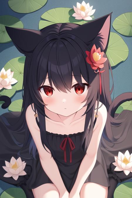 illustration, red eyes, black hair, cat ears, hair flower, lotus, wariza, from above, highres, solo focus,, masterpiece, best quality,