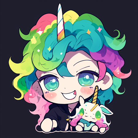 <lora:NijiEmotes-10:1> Niji Emote,twitch emote, kawaii, chibi, sticker, 1boy, male focus, green eyes, rainbow hair, unicorn boy, wild grin , rule of thirds, centered, prismatic, simple background,