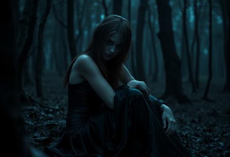 Extreme realism, twilight lighting, dark Goth themed, Breathtaking masterwork 32k HD photo, sleek young  athletic woman hyperfeminine hourglass figure, sheltering in extremely dark dim haunted “mirkwood” inspired fel_forrest, slippery latex infused gothic corseted gown, sitting huddled self hugging knees, emoting shy/timid facial expression/posture, partially hiding face behind loose hair