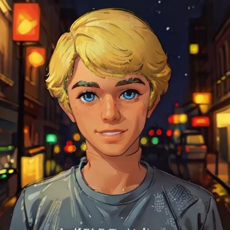 ((Masterpiece, best quality)), detailed skin, highly detailed, cinematic lighting, ultra realistic, blush, close up shot, looking at viewer, <lora:Ken_Doll:1> a toy man with blonde hair, tshirt, city scene, night <lora:pytorch_lora_weights:1>