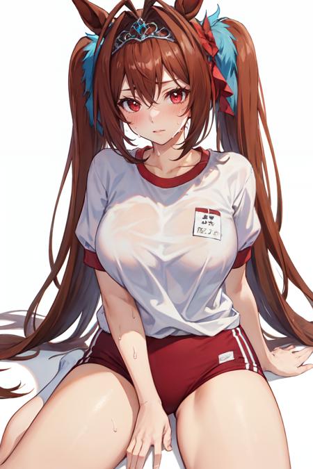 <lora:daiwa_scarlet:1> daiwa scarlet, thighs, brown hair, white background, tail, animal ears, hair intakes, tiara, very long hair, long hair, 1girl, twintails, solo, looking at viewer, white shirt, large breasts, shirt, horse tail, buruma, horse girl, red eyes, sitting, sweat, horse ears, blush, gym uniform, gym shirt,  simple background, red buruma, short sleeves