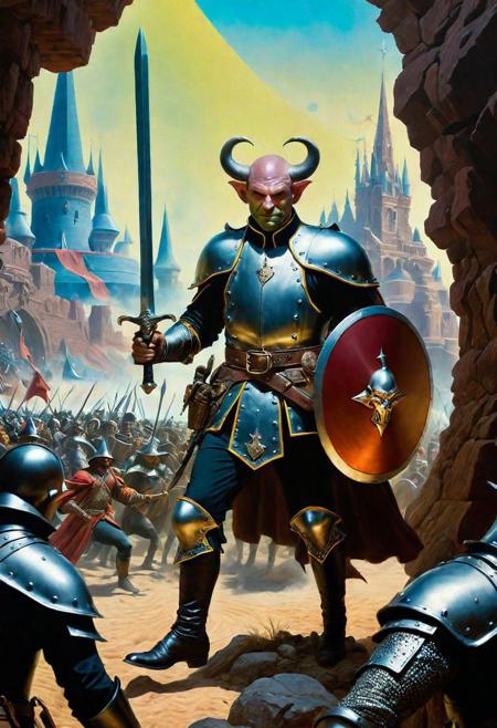 A hyperrealistic 8k photograph was captured by Sid Avery's Hasselblad camera, depicting close-up a handsome+ Tiefling shield bearer with pink+++ skin and slender build during a battle+++, surrounded by goblins++, He has a bald head, neon yellow eyes, calm++ and handsome+ and detailed face, cold smile++, mysterious and ominous aura of dark shadows enveloping the figure, Lovecraftian Horror-themed, in the artistic style of Boris Vallejo, Shadows casting an uncanny atmosphere, hints of eldritch dark energy crackling, He is dressed in a musketeer outfit, high details and era-appropriate, He is wielding a magically radiating+ Backsword+ in the right hand, and he is holding a steel shield+++ in the left hand, Backdrop (background) of a focused scene of a battle with goblins next to a crystal palace, Mysterious composition, imbued with a dark, ambient 3d warm studio backlight.