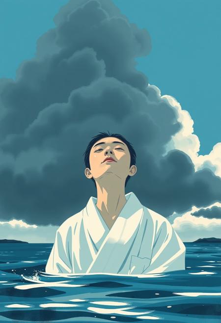 Seeking Peace From Worldly Endeavors,modern Japanese illustration style, water under dark clouds, minimal design, serene composition, expressive brushstrokes, close-up portrait, bold colors, high contrast chiaroscuro lighting, negative colors, vibrant composition, white and sky blue tones, bright and overexposed effect, dramatic atmosphere, artistic simplicity, striking visual impact