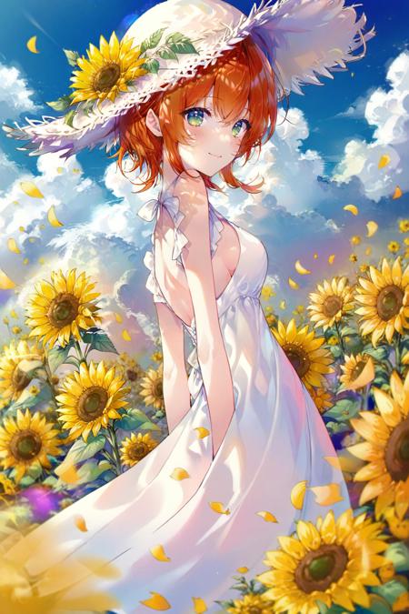 high quality, best quality, by kinokohime, 1girl, flower, sunflower, hat, solo, dress, white dress, outdoors, sky, cloud, short hair, blue sky, yellow flower, green eyes, day, hat flower, orange hair, smile, straw hat, sun hat, sleeveless, bangs, from side, sleeveless dress, breasts, blush, standing, arms behind back, flower field, sundress, closed mouth, blurry, field, petals, white headwear,  <lora:kinokohime:1>