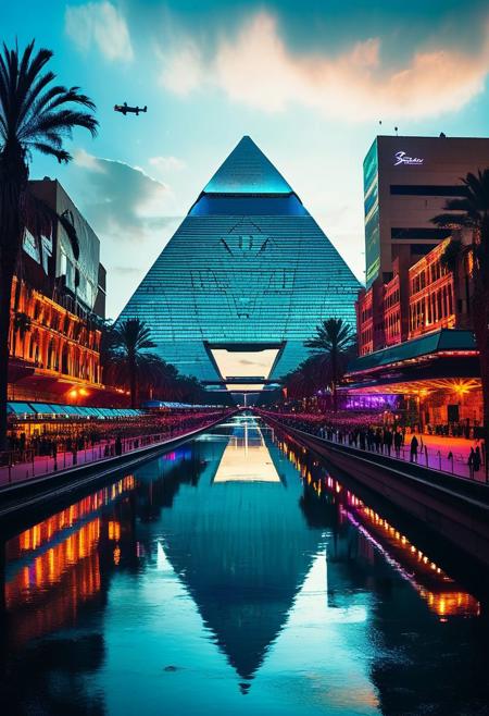 ()Hyoer Realistic:2.0)Polaroid picture of 
 futuristic, cyberpunk Egypt where ancient pyramids have been transformed into towering high-rise structures, their peaks disappearing into the clouds. The cityscape is a blend of ancient and modern architecture, with neon-lit skyscrapers and holographic advertisements illuminating the night sky.
In the foreground, a bustling spaceport hums with activity as sleek, silver spacecraft take off and land, their engines glowing with a soft blue light. The air is thick with the hum of hovercars and grav-bikes, zipping past pedestrians clad in futuristic attire.
The city's infrastructure is a marvel of modern engineering, with elevated walkways and monorails crisscrossing the metropolis. Interstate highways weave through the city, lined with towering trees and sparkling waterfalls that cascade into crystal-clear canals.
Despite the futuristic landscape, remnants of ancient Egypt remain. The Sphinx stands watch over the city, its face now a holographic display that shifts and changes as you gaze upon it. The Nile River flows through the heart of the city, its banks lined with lush greenery and vibrant marketplaces.
The atmosphere is one of utopian harmony, with people from all walks of life living and working together in perfect balance. The air is clean, the streets are safe, and the city pulses with an energy that is both exhilarating and serene.