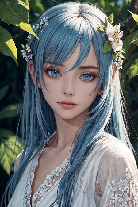 portrait, solo, upper body, looking at viewer, detailed background, detailed face, 1boy, Nymph, ethereal nature spirits, soothing blue eyes, hair that flows like leaves or water, adorned with flowers and natural elements, serene expression, caretakers of the natural world feeling of the image. <lora:sd-No.410cover:0.2>