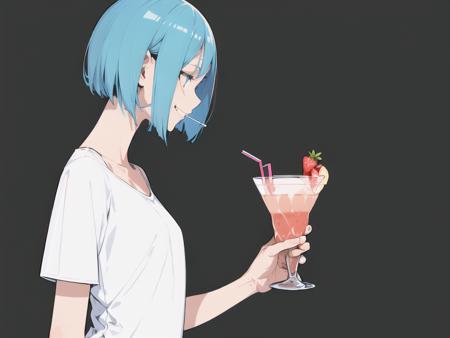 (flat color), (illustration), many layers, choppy, limited tone, (masterpiece), (bestquality), (ultra detailed), profile, woman is drinking a strawberry cocktail through a straw, wearing white T-shirt, wearing blue jeans, aqua hair, short bob hair, slim, mature, flat chest, (walking), (perfect smile), model, perfect shadow,