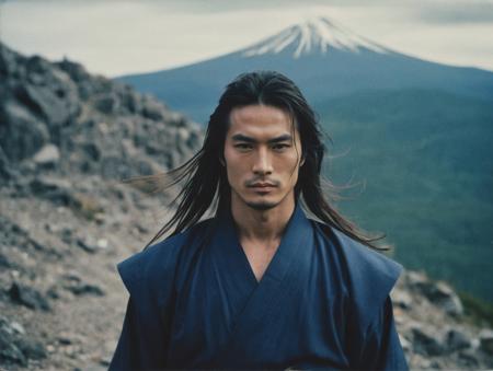 sci-fi, portrait photo of man , face, long hair, slim body, high quality, film grain,motion,samurai,japanese mountain,1000, polaroid, grainy,Montreal,fight on background