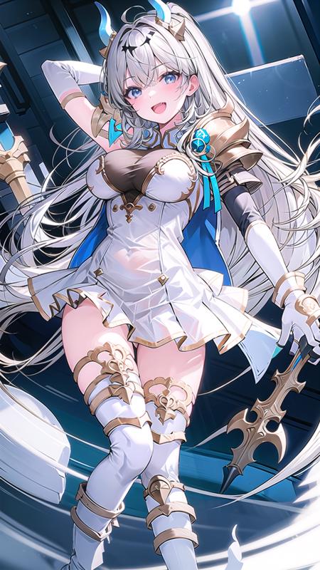 1girl, solo, long hair, breasts, horns, thighhighs, open mouth, smile, high heels, blue eyes, white hair, white footwear, dress, armor, white thighhighs, gloves, large breasts, (upper body), boots, white dress, thighs, white gloves, bangs,  <lora:SuffrenV1.0:0.8>, suffrenlibre, close up,