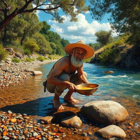 anatomically correct, complex shadows, intricate details, high quality, hi res, best quality, elderly man, muscular, far attire, straw hat, crouching in a river, sifting for gold, narrow river, clear river, colourful rocks, small pebble shore, vivid colours, trees, bushes, small fish in river, the elderly man is happy, there is some gold in his sifting pan, the elderly man isn't wearing boots, the elderly man is barefoot, his pants are rolled up to his knees, the elderly man is up to his knees in the river, clear blue sky, beautiful clouds, light shining through the trees, shadows cast onto the river from the trees overhead, big rocks in river, water flowing around the rocks,
