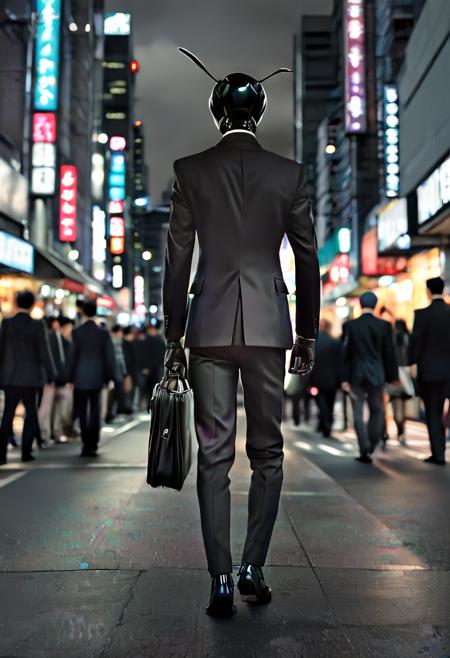 portrait, surrealistic, ((black ant)), humanoid, standing, walking, wearing slim suit, black suit, cyberpunk city at night, tokyo, on street, (crowd), having one attache case, dark, gloomy, cloudy sky, (looking back),
