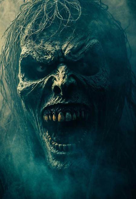 Face of a Horrible shapeshifter shrouded in flowing shadows,  
Texture, ornaments and sharp contrasts, 
dust, 
fog, 
Image of very angry face with sharp teeth, 
mysterious character, 
scary,  
dramatic atmosphere,  
Mixture of dark color palette, 
and cold colors, 
lomography, 
Swirl of colors